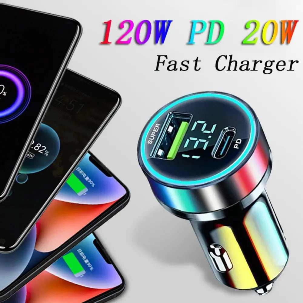 120W Car Phone Charger - PD 20W Fast Charging