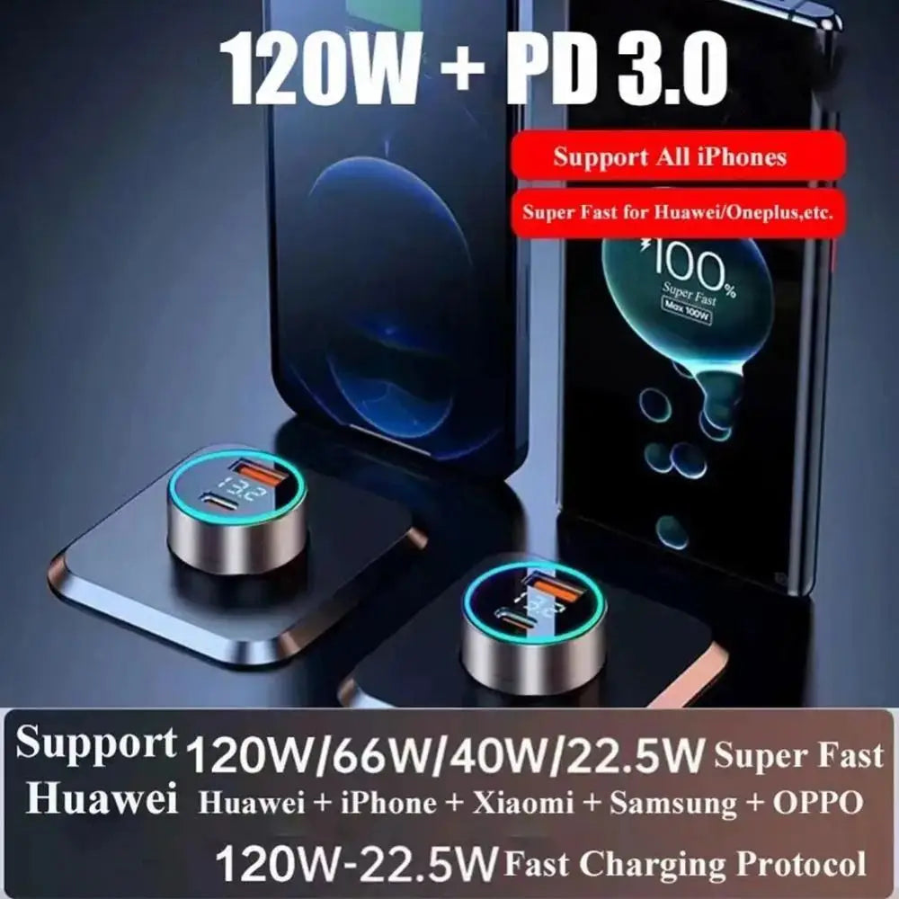 120W Car Phone Charger - PD 20W Fast Charging